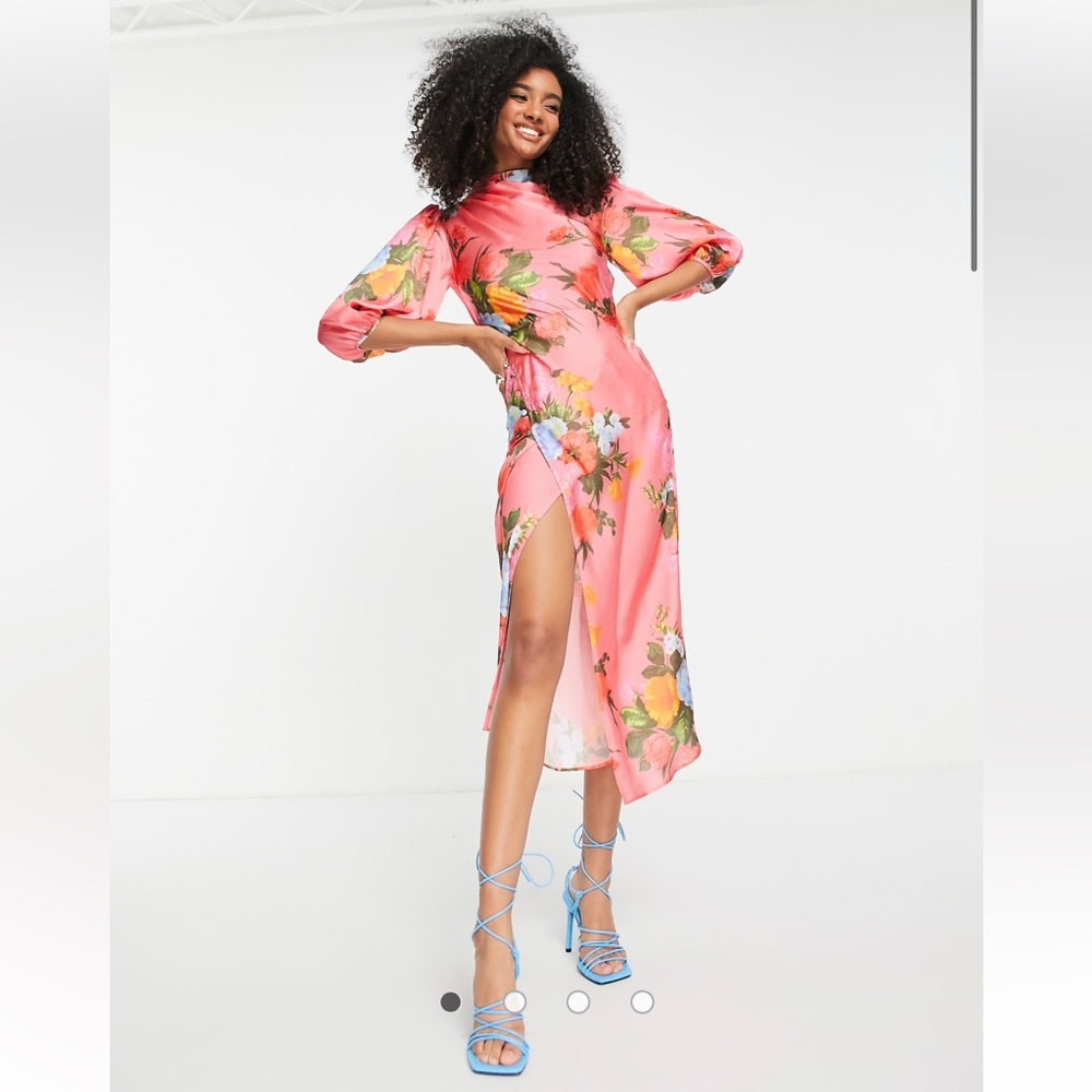 ASOS Design Pleat Cowl Neck Satin Floral Pink Midi Tea Dress with Slit size 0